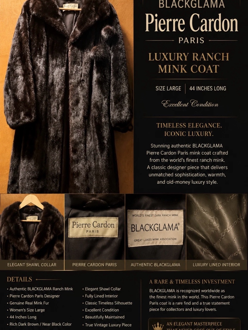 Pierre Cardin Dark Brown Real Mink Blackglama Fur Long Coat Size Large Excellent